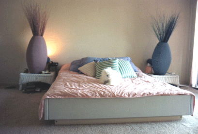 simple painted platform waterbed with an eastern feel