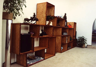 Tetris style rearrangable oak shelves