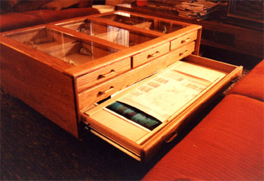 Coffee Table With Three Panel Glass Display Case - Drawers Open