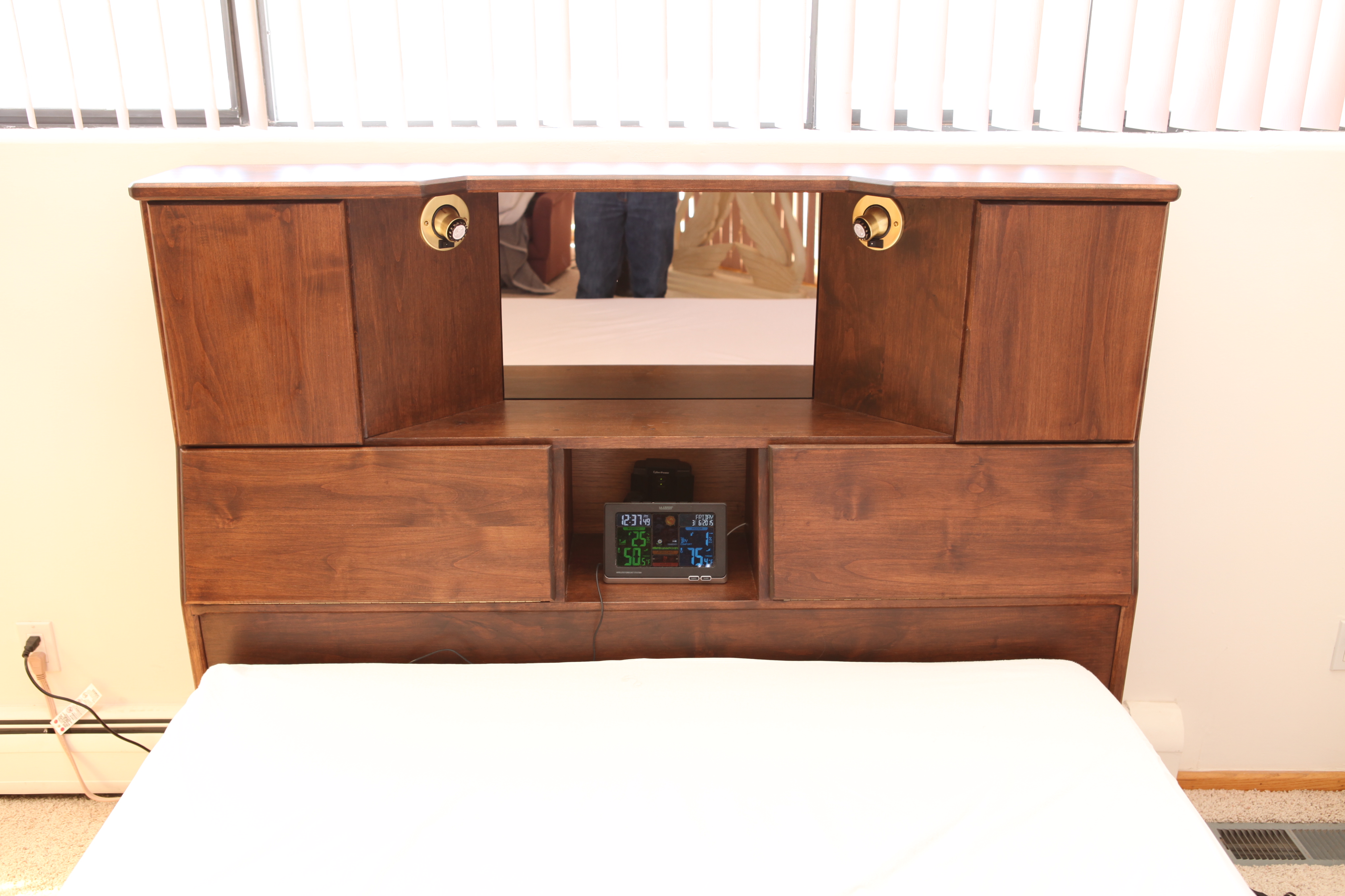 oak headboard with storage and lights